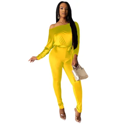 Women Fashion Sexy Solid Color Velvet Stretch Slanted Shoulder Long-Sleeve Belt Jumpsuit