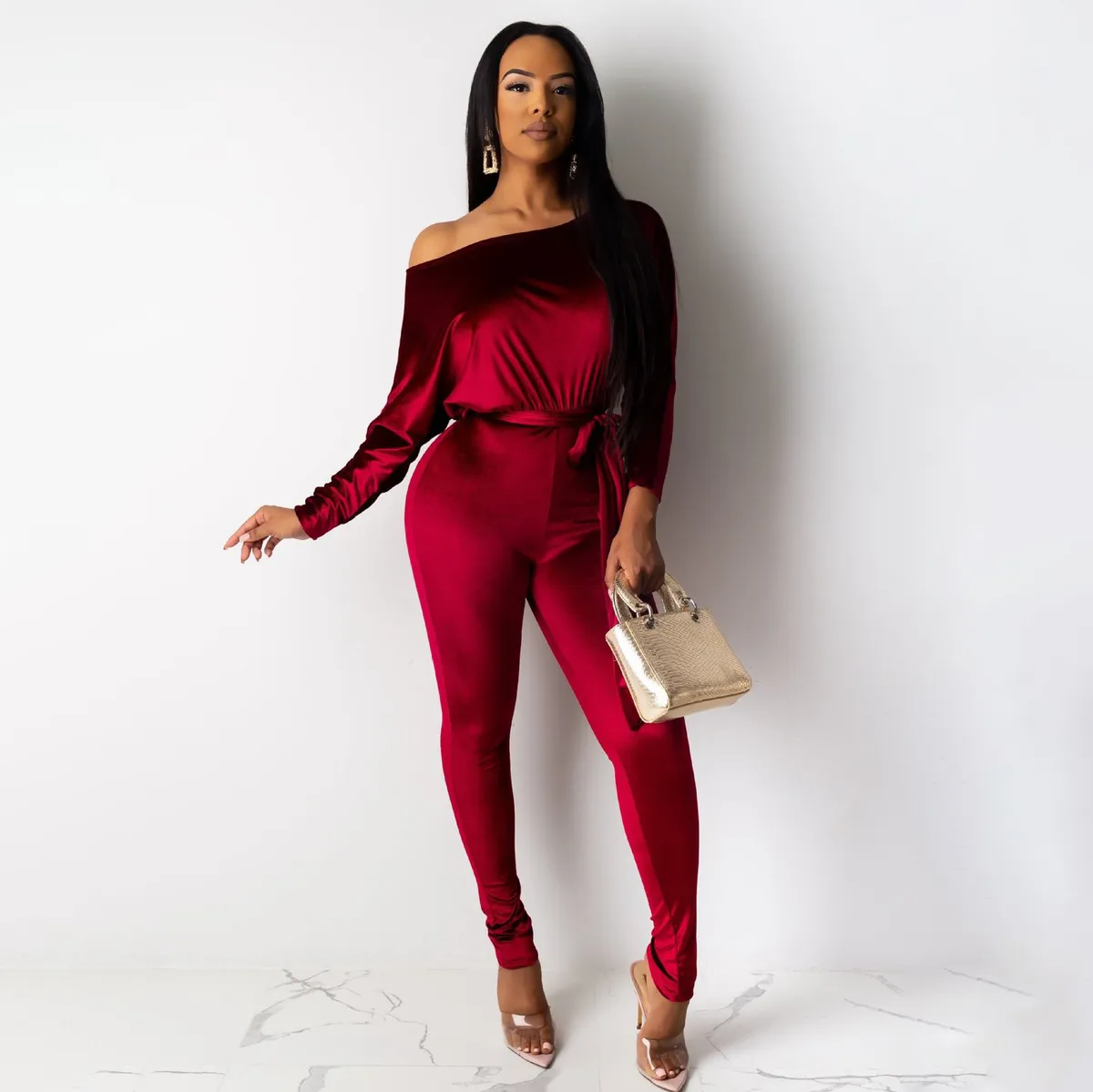 Women Fashion Sexy Solid Color Velvet Stretch Slanted Shoulder Long-Sleeve Belt Jumpsuit