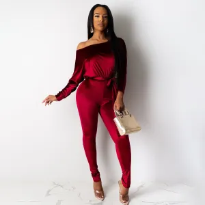 Women Fashion Sexy Solid Color Velvet Stretch Slanted Shoulder Long-Sleeve Belt Jumpsuit