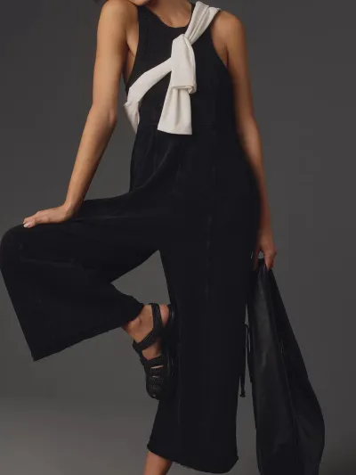 Women Fashion Casual Solid Color Sleeveless Loose Drawstring Jumpsuits