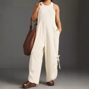 Women Fashion Casual Solid Color Sleeveless Loose Drawstring Jumpsuits