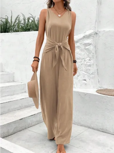 Women Fashion Casual Solid Color V-Neck Sleeveless Lace-Up Wide Leg Jumpsuit