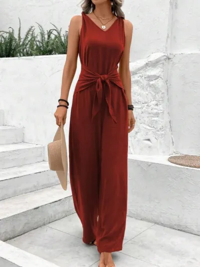 Women Fashion Casual Solid Color V-Neck Sleeveless Lace-Up Wide Leg Jumpsuit