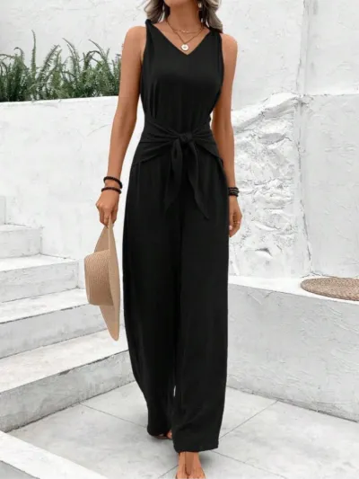 Women Fashion Casual Solid Color V-Neck Sleeveless Lace-Up Wide Leg Jumpsuit