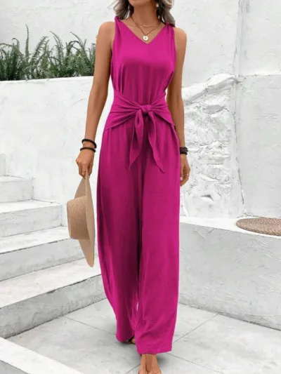 Women Fashion Casual Solid Color V-Neck Sleeveless Lace-Up Wide Leg Jumpsuit