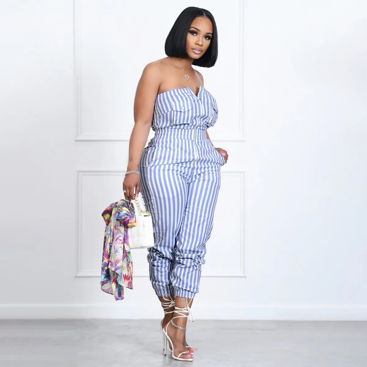 Women Fashion Sexy Stripe Tube Top Slim-Fit Jumpsuit