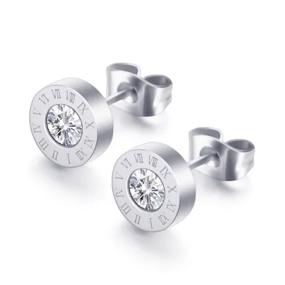 Women Fashion Simple 8mm Round Zircon 304 Stainless Steel Earrings Geometric Studs
