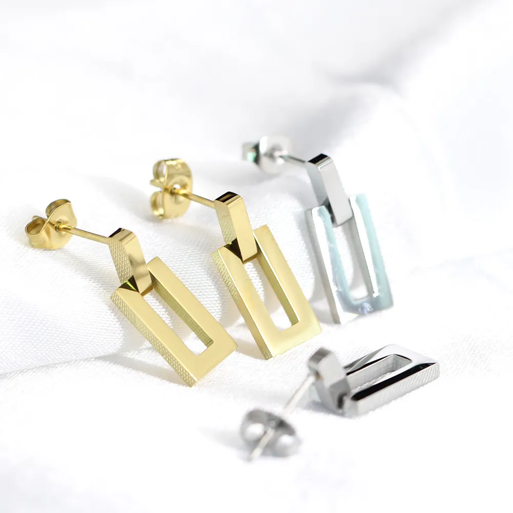 Women Fashion 304 Stainless Steel Hollow Geometric Rectangular Earrings