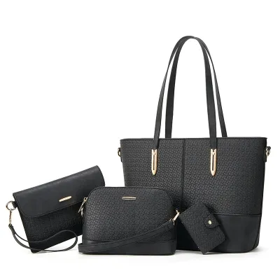Women Fashion Casual Solid Color Crocodile Woven Tote Bag 4-Piece Set