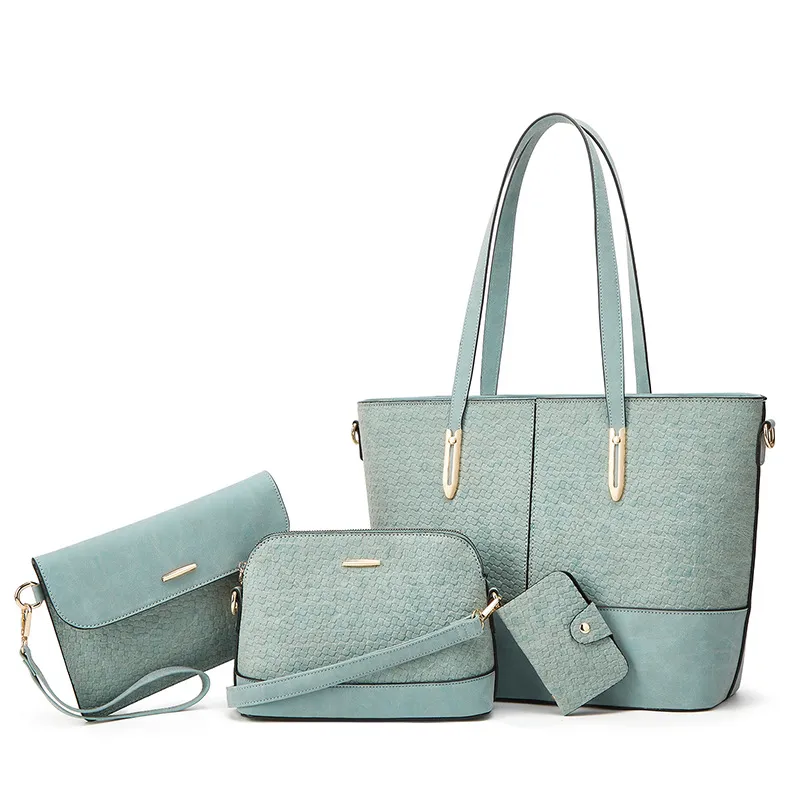 Women Fashion Casual Solid Color Crocodile Woven Tote Bag 4-Piece Set