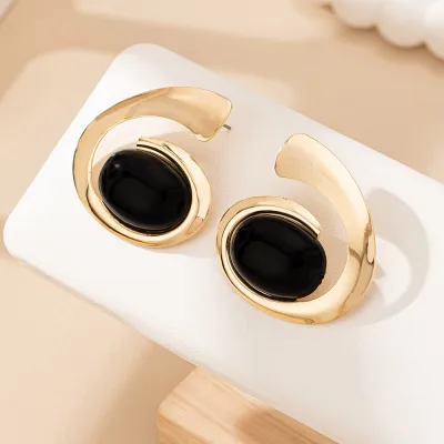 Women Retro Geometric C-Shaped Inlaid Turquoise Pearl Earrings