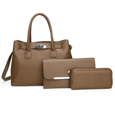 Women Fashion Casual Solid PU Tote Handbag Three-Piece Bag Set