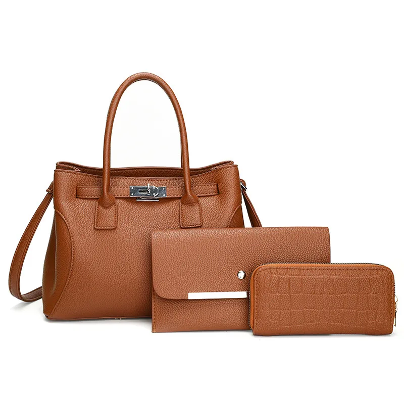 Women Fashion Casual Solid PU Tote Handbag Three-Piece Bag Set