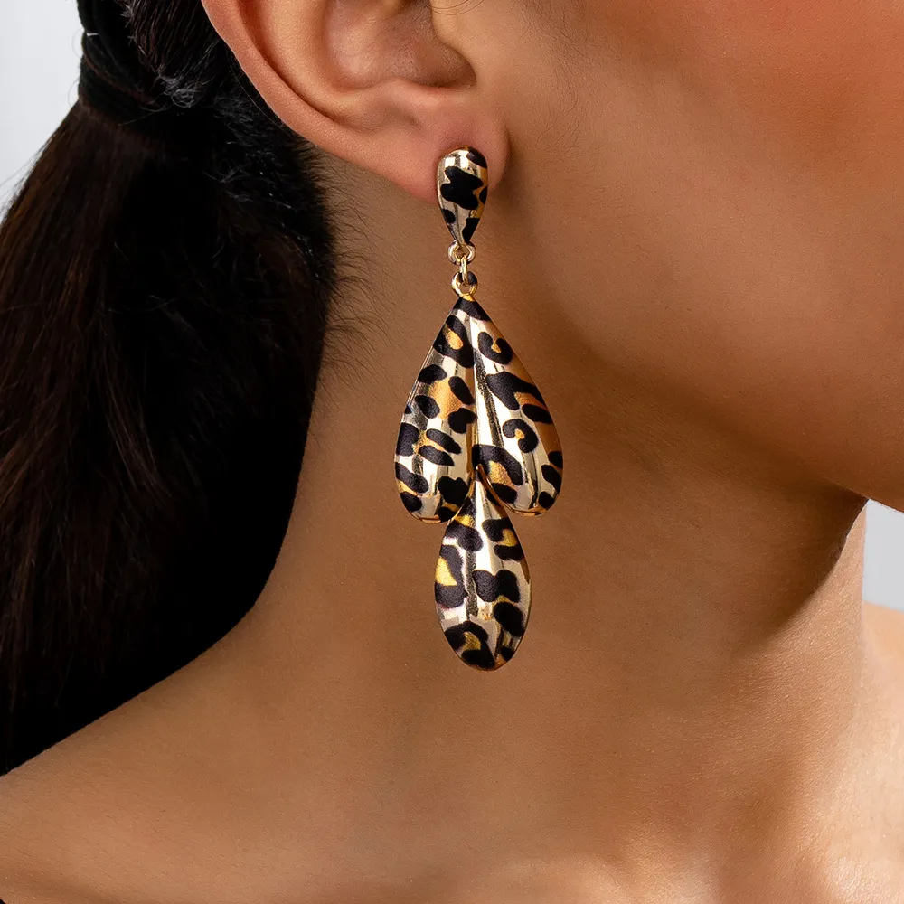 Women Fashion Retro Exaggerated Leopard Water Drop Earrings Alloy Geometry