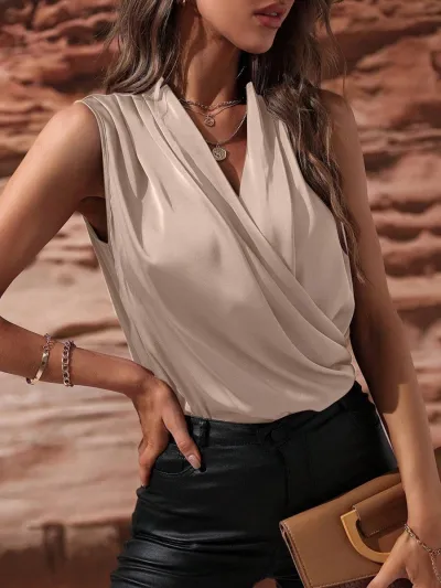 Women Fashion Sexy Solid Color Satin Sleeveless Pleated Blouse
