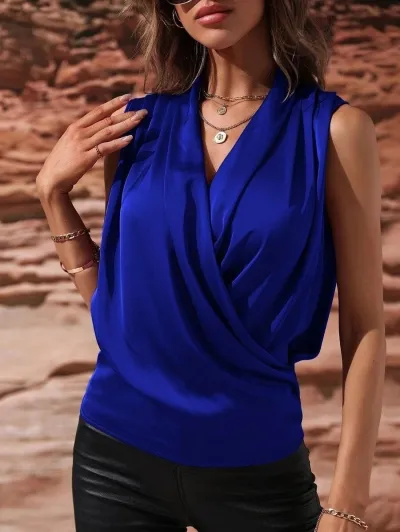 Women Fashion Sexy Solid Color Satin Sleeveless Pleated Blouse