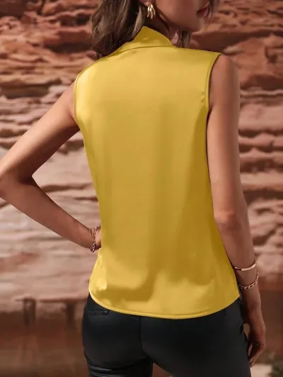 Women Fashion Sexy Solid Color Satin Sleeveless Pleated Blouse