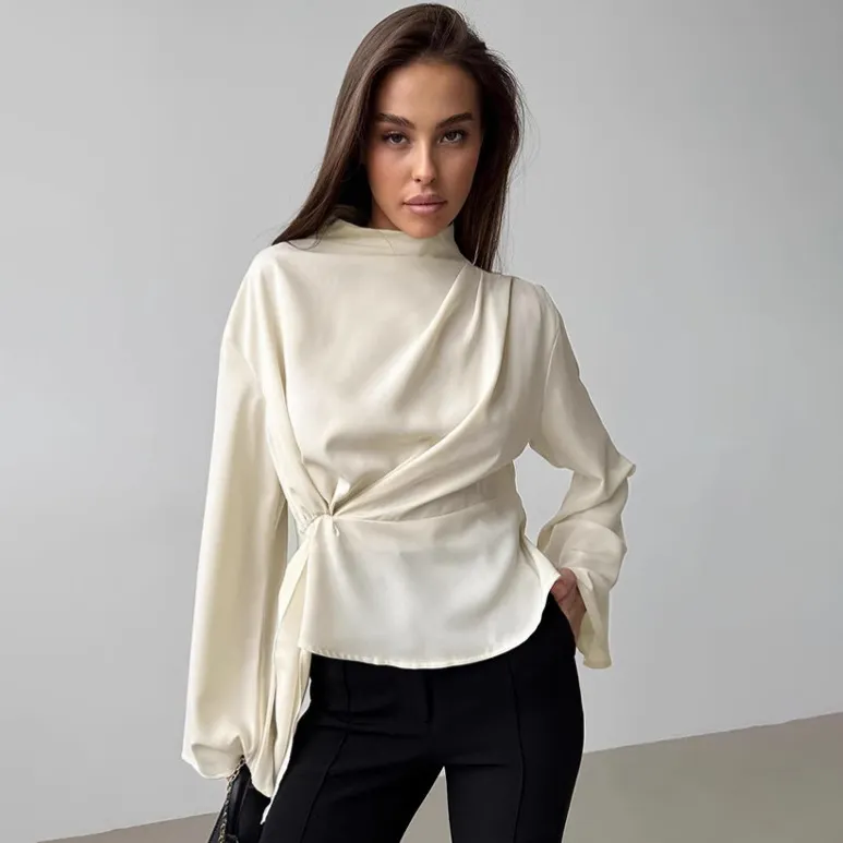 Women Fashion Casual Solid Color Chiffon Stand Collar Horn Sleeve Pleated Split Blouse