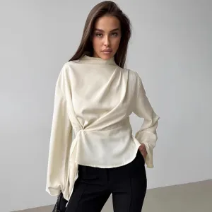 Women Fashion Casual Solid Color Chiffon Stand Collar Horn Sleeve Pleated Split Blouse