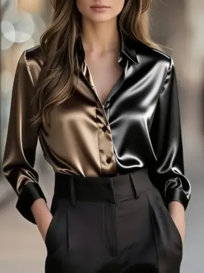 Owmen Fashion Elegant Double Color Lapel Button Long-Sleeve Blouse