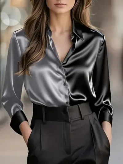 Owmen Fashion Elegant Double Color Lapel Button Long-Sleeve Blouse