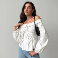 Blusa informal de manga larga con solapa y cordones a rayas para mujer