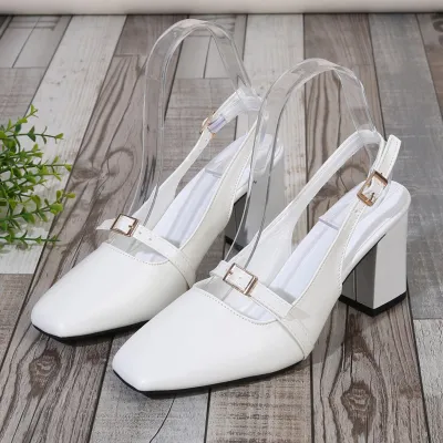 Women Fashion Elegant Solid Square Toe Belt Buckle Chunky Heels Shoes