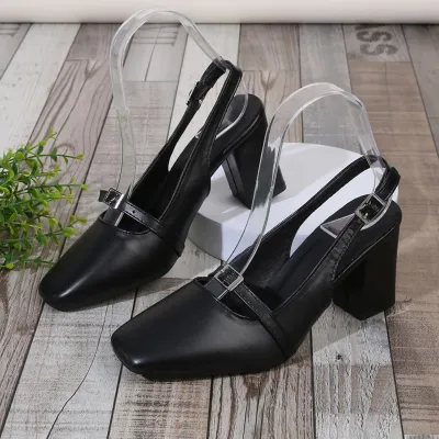 Women Fashion Elegant Solid Square Toe Belt Buckle Chunky Heels Shoes