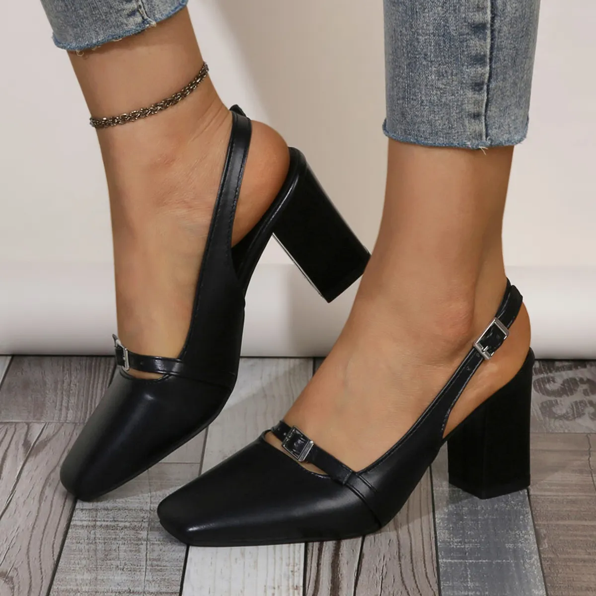 Women Fashion Elegant Solid Square Toe Belt Buckle Chunky Heels Shoes