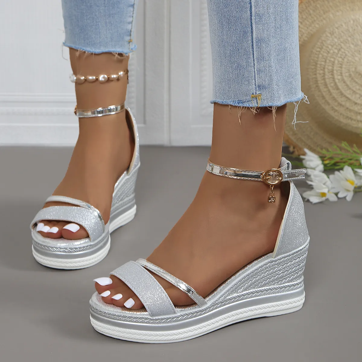Women's Fashion Casual Peep-Toe Wedge Platform Sandals with PU Upper
