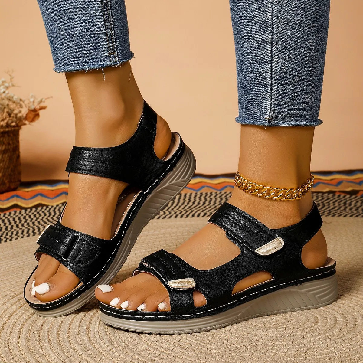 Women Casual Solid Color Platform Velcro Sandals PU Round Toe