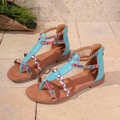 Women Fashion Casual Boho Ethnic Style Colorful Splicing Roman Flat Sandals Plus Size