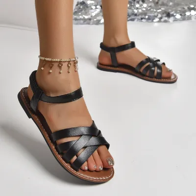 Women's Fashion Solid Color Cross Strap Flat Sandals Plus Size