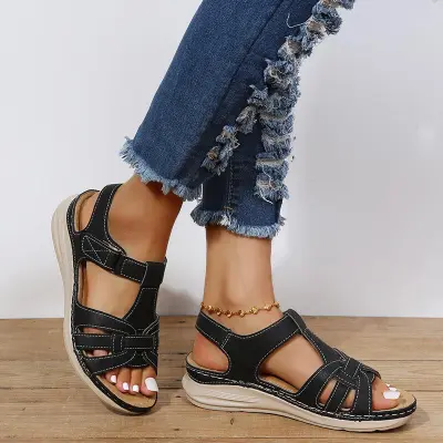 Women Fashion Retro Solid Color Cross Wedge Sandals