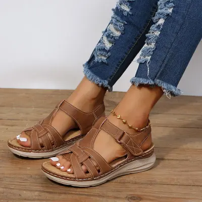 Women Fashion Retro Solid Color Cross Wedge Sandals