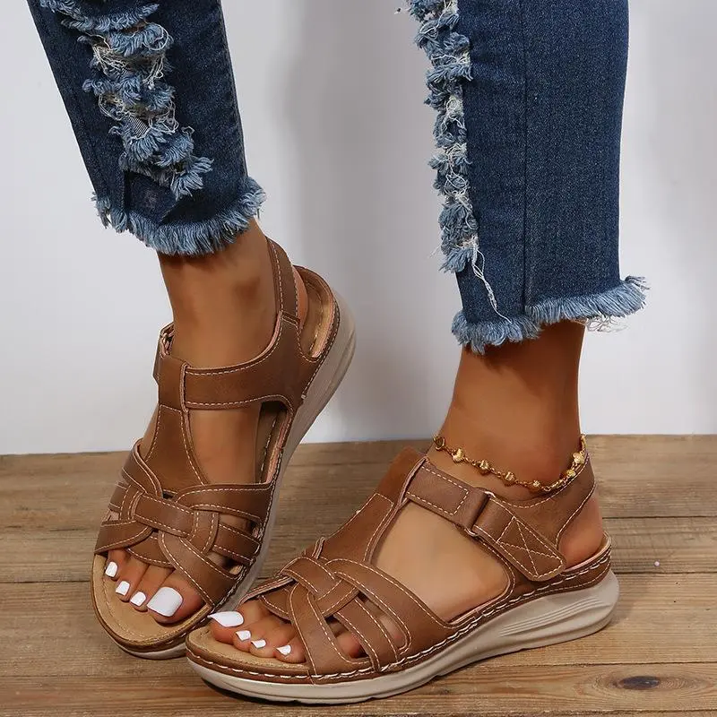 Women Fashion Retro Solid Color Cross Wedge Sandals