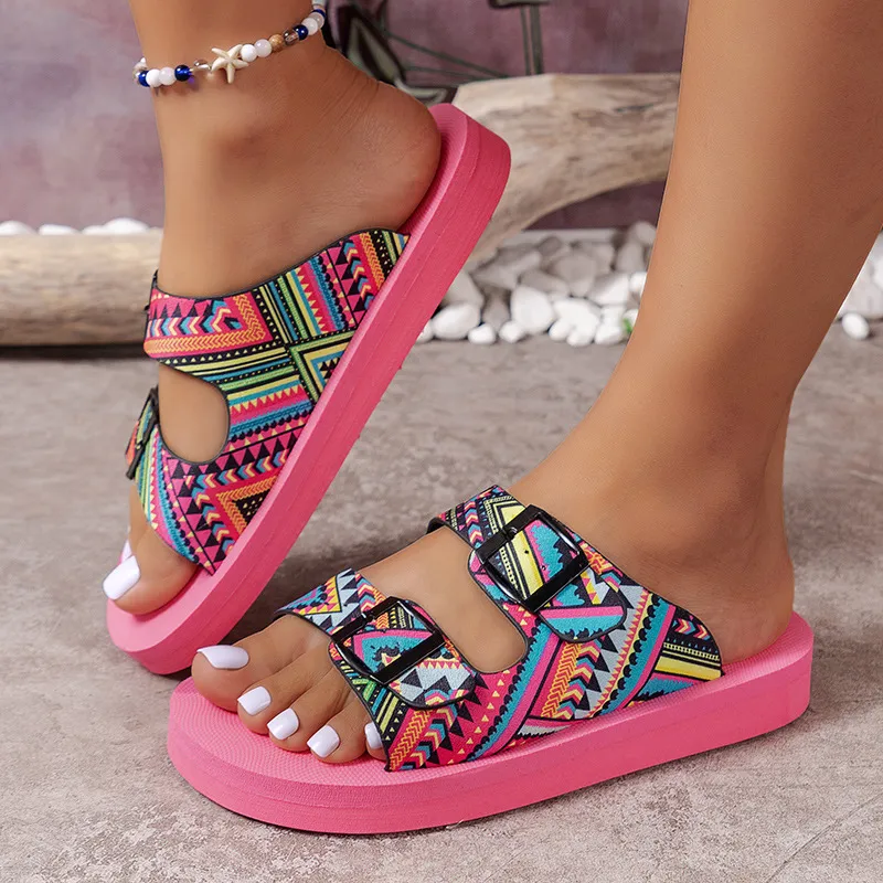 Women Fashion Casual Printed Double-Breasted Slippers Plus Size