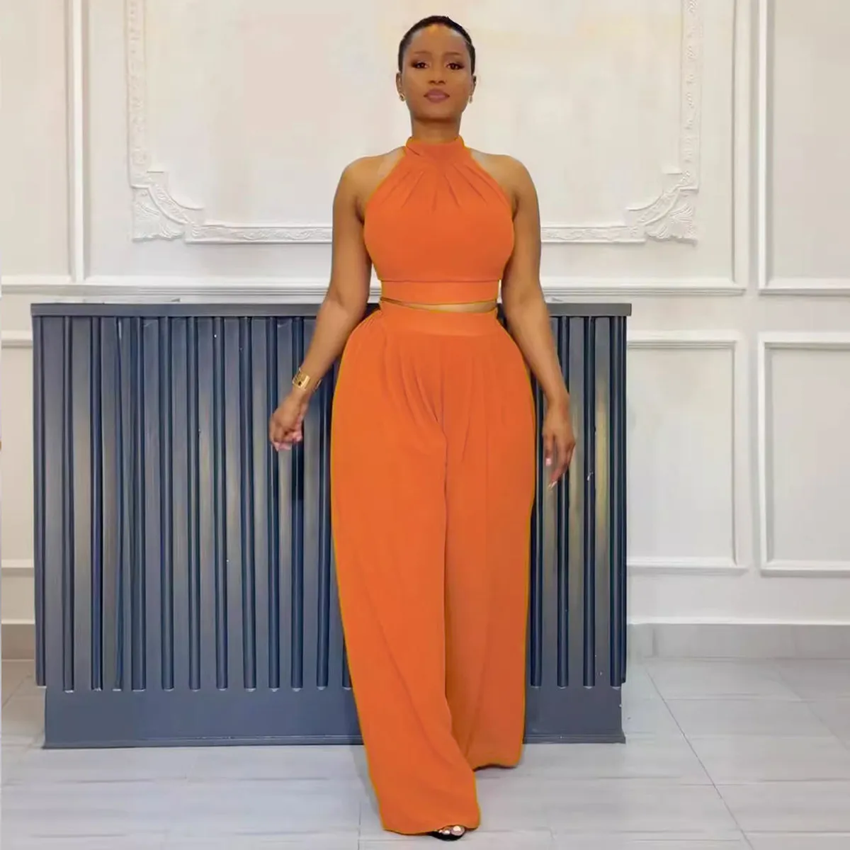 Women Fashion Solid Color Pleated Sleeveless Crop Top Wide Leg Pants Two-Piece Set
