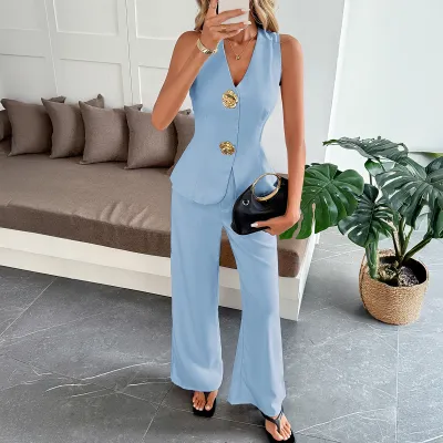 Women Fashion Elegant Solid Color Gold Button V-Neck Vest Straight Pants Two-Piece Set