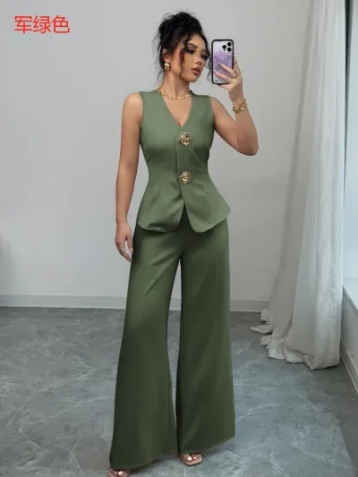 Women Fashion Elegant Solid Color Gold Button V-Neck Vest Straight Pants Two-Piece Set