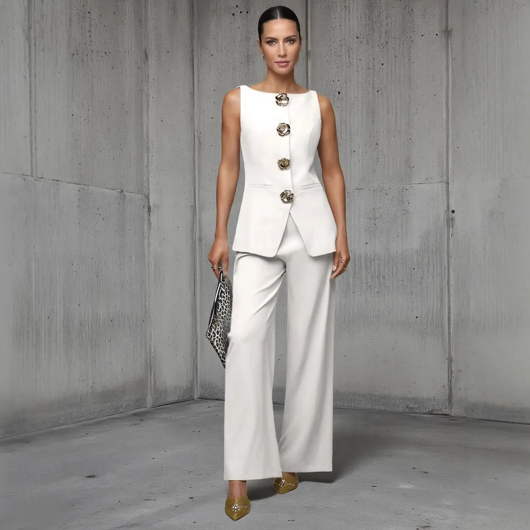 Women Fashion Casual Solid Color Gold Button Vest Loose Pants Two-Piece Set