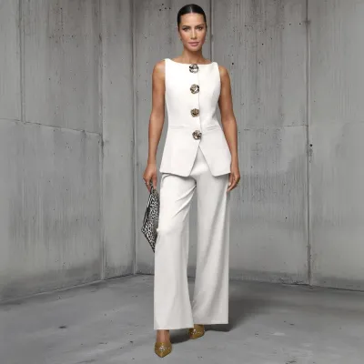 Women Fashion Casual Solid Color Gold Button Vest Loose Pants Two-Piece Set