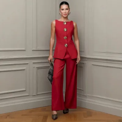 Women Fashion Casual Solid Color Gold Button Vest Loose Pants Two-Piece Set
