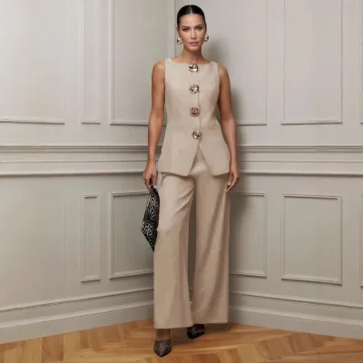 Women Fashion Casual Solid Color Gold Button Vest Loose Pants Two-Piece Set
