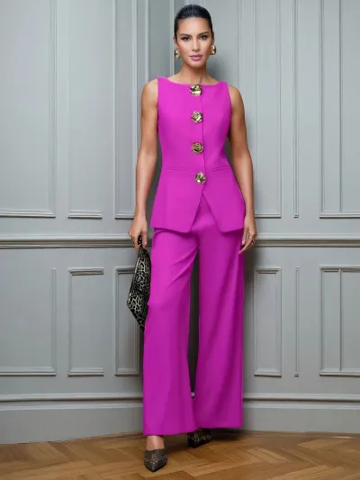 Women Fashion Casual Solid Color Gold Button Vest Loose Pants Two-Piece Set