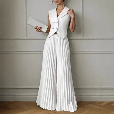 Women Fashion Casual Solid Color Lapel Vest Pleated Pants Two-Piece Set
