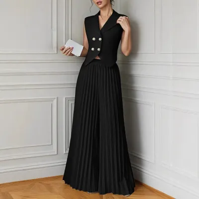 Women Fashion Casual Solid Color Lapel Vest Pleated Pants Two-Piece Set