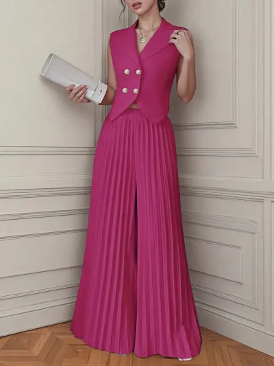 Women Fashion Casual Solid Color Lapel Vest Pleated Pants Two-Piece Set