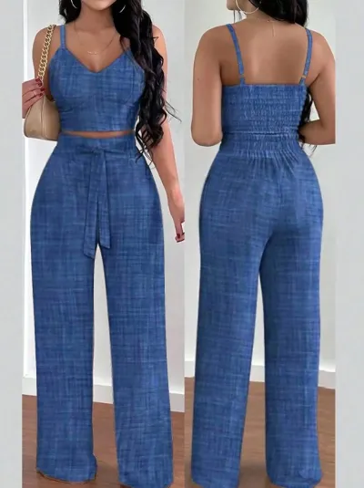 Women Fashion Printed Camisole Wide Leg Lace-Up Pants Two-Piece Set