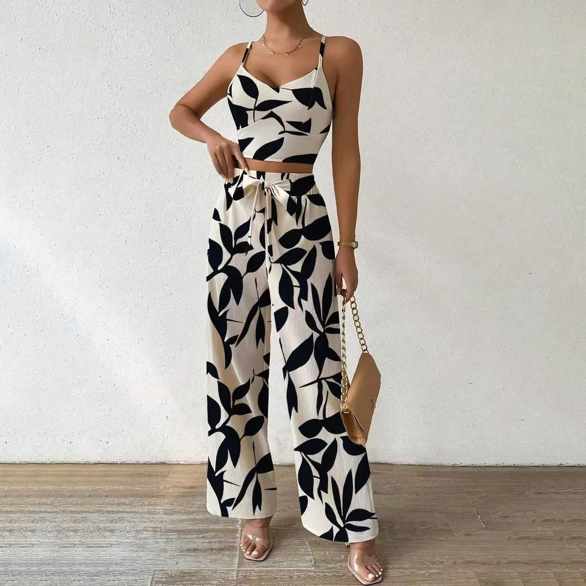 Women Fashion Printed Camisole Wide Leg Lace-Up Pants Two-Piece Set